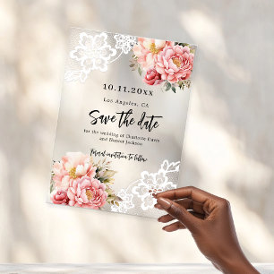 Invitations En Acrylique Mariage en dentelle fleurie pêche rose Enregistrer