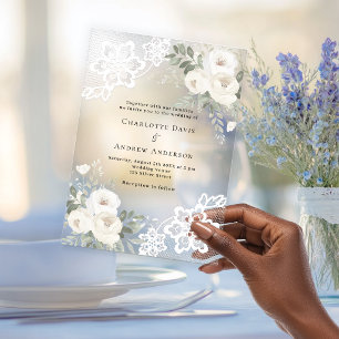 Invitations En Acrylique Mariage en dentelle florale blanche