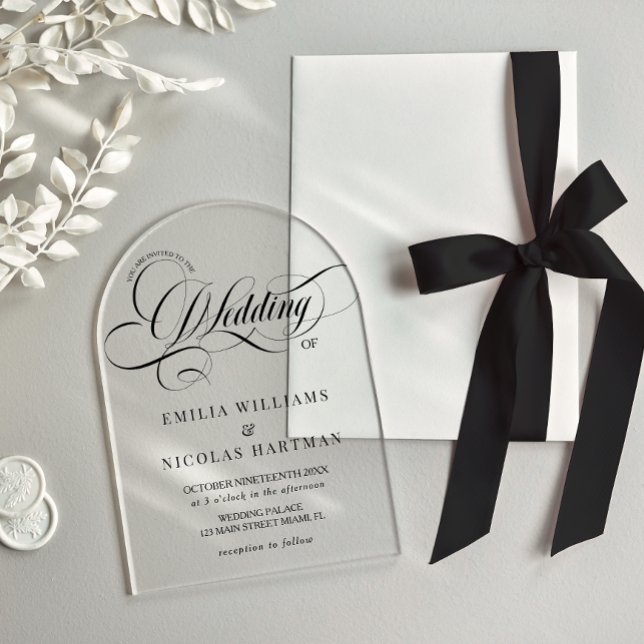 Invitations En Acrylique Mariage en écriture baroque noir et blanc (Créateur téléchargé)