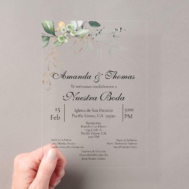 Invitations En Acrylique Mariage en espagnol avec verdure en acrylique (In situ (ordinateur de poche))