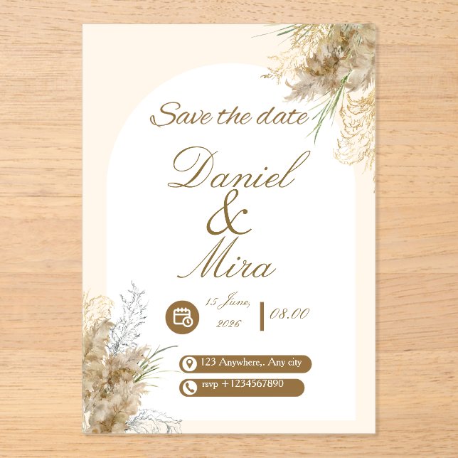 Invitations En Acrylique Mariage entièrement modifiable Boho Gold Pampas Ar (Recto)