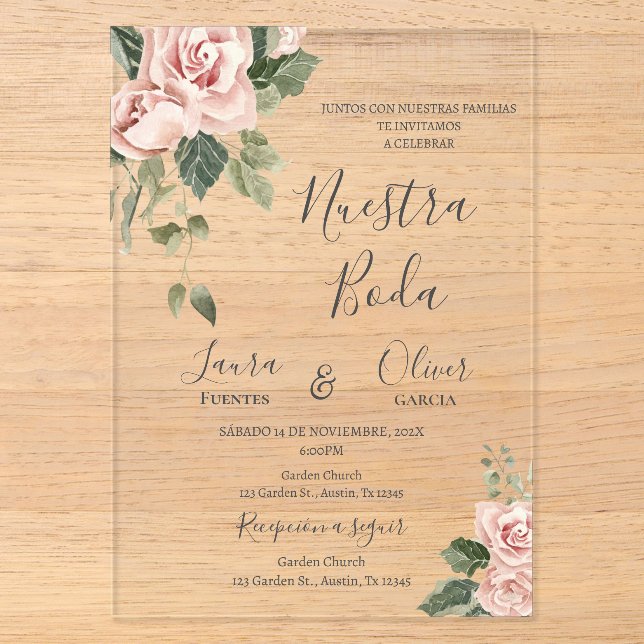Invitations En Acrylique Mariage Espagnol Floral Rose (Recto)
