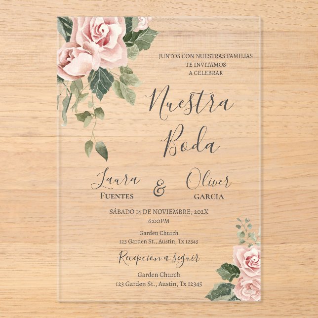 Invitations En Acrylique Mariage espagnol rose Floral (Recto)