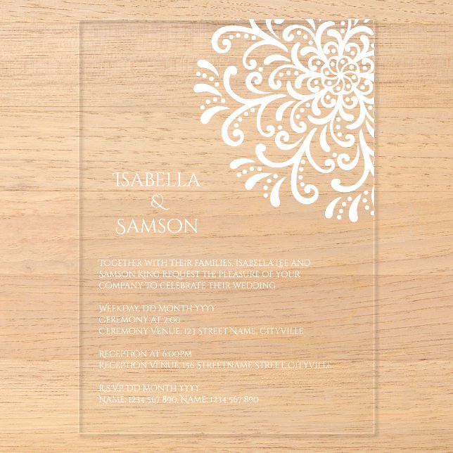 Invitations En Acrylique Mariage fantaisiste à l'élégance blanche (Recto)