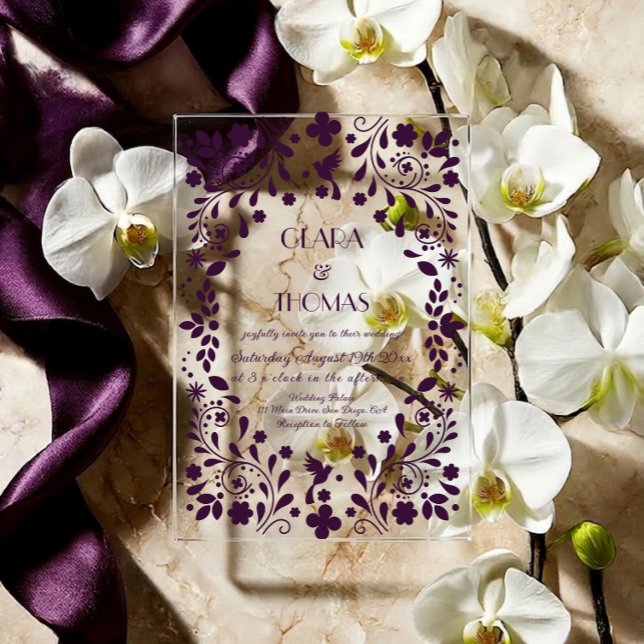 Invitations En Acrylique Mariage fantaisiste prune pourpre  (Créateur téléchargé)