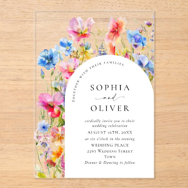 Invitations En Acrylique Mariage Festive Bright Watercolor Fleurs sauvages (Recto)