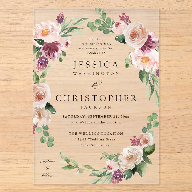 Invitations En Acrylique Mariage Fleur 2 Champagne & Rose (Recto)