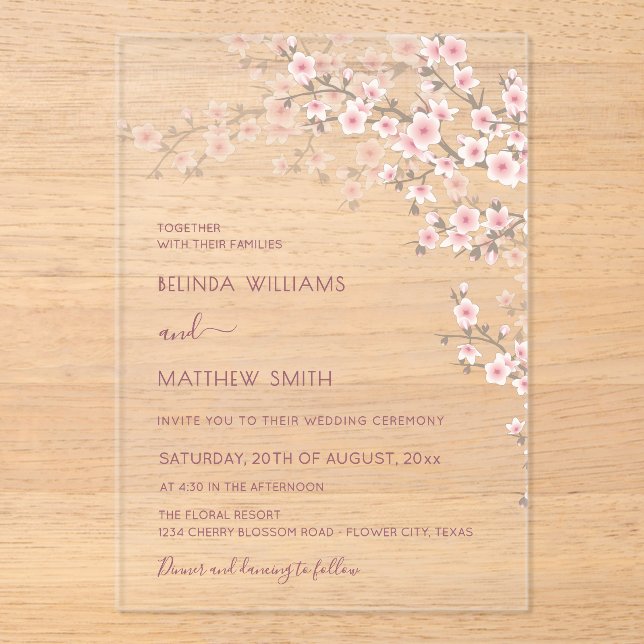 Invitations En Acrylique Mariage Fleur de Cerisier Rose Tendre (Recto)