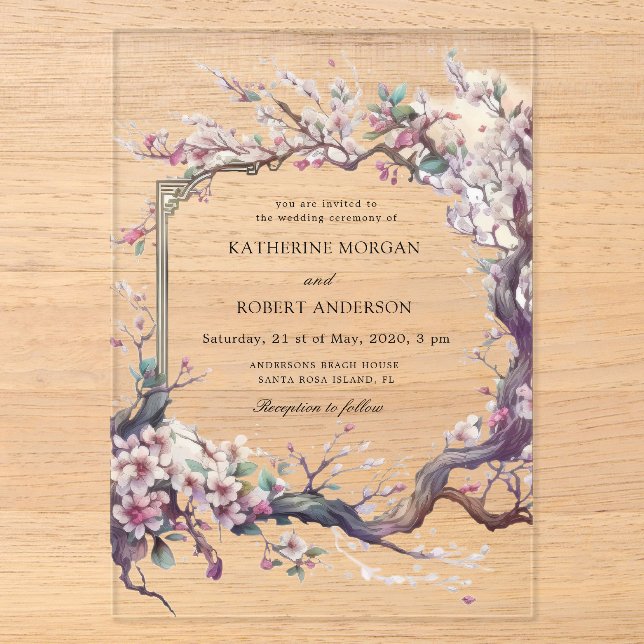 Invitations En Acrylique Mariage Fleur de Cerisier Sakura Aquarelle (Recto)