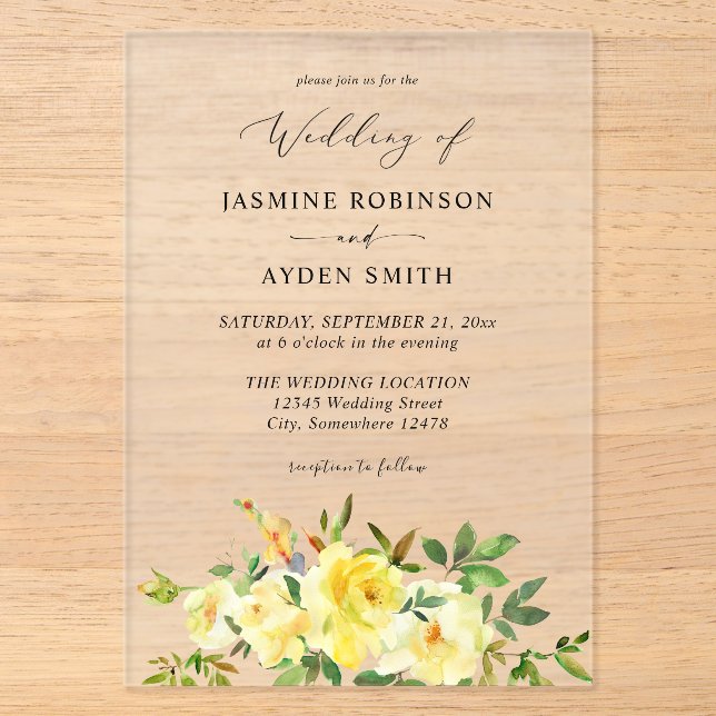 Invitations En Acrylique Mariage Fleur Jaune  (Recto)