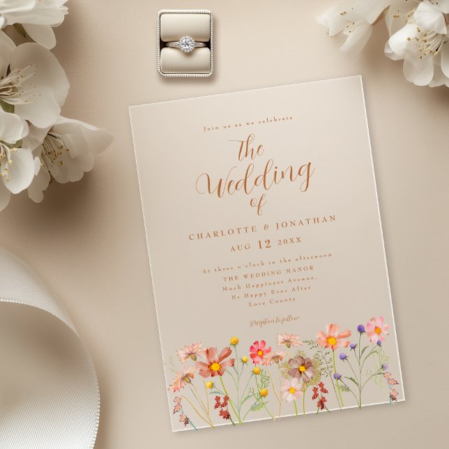 Invitations En Acrylique Mariage Fleur sauvage Boho (Boho fall wildflower wedding acrylic invitation with watercolor florals & elegant terracotta script)