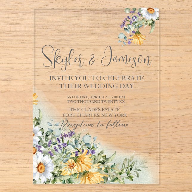 Invitations En Acrylique Mariage Fleur sauvage coloré (Recto)