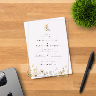 Invitations En Acrylique Mariage Fleur Sauvage Croissant de Lune Doré