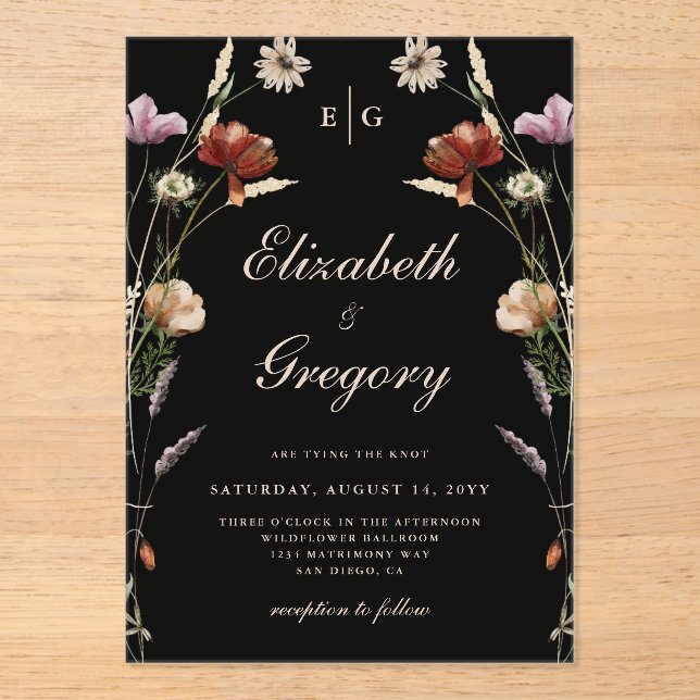 Invitations En Acrylique Mariage Fleur sauvage de monogramme noir (Recto)