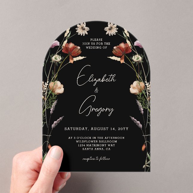 Invitations En Acrylique Mariage Fleur sauvage noir (In situ (ordinateur de poche))