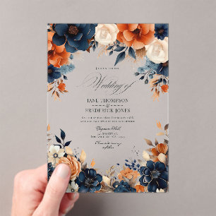 Invitations En Acrylique Mariage Fleurie Bleu Nuit, Orange Brûlé et Champag