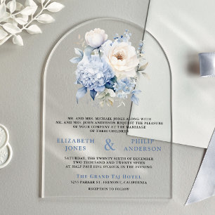Invitations En Acrylique Mariage Fleurie Bleu Poussiéreux et Blanc