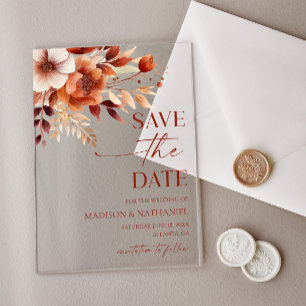 Invitations En Acrylique Mariage Fleurie Brun Bordeaux Rouillé Enregistrer 