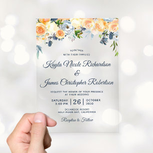Invitations En Acrylique Mariage Fleuriste Aquarelle Bleu Nuit Corail