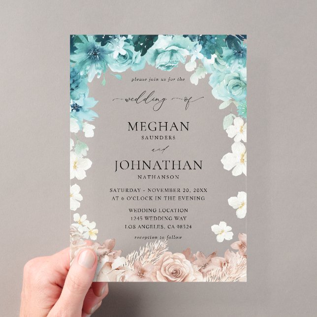 Invitations En Acrylique Mariage Fleuriste Turquoise & Rose Blush (In situ (ordinateur de poche))