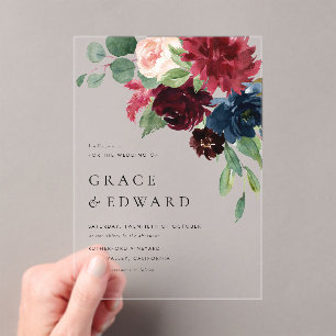Invitations En Acrylique Mariage Fleurs Aquarelle Bourgogne et Bleu Nuit