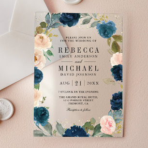 Invitations En Acrylique Mariage Fleurs Bleu Nuit et Pêche