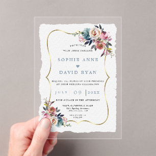 Invitations En Acrylique Mariage Fleurs de Dusty Blue Misty Rose Charmant