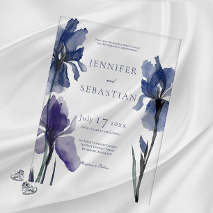 Invitations En Acrylique Mariage Fleurs d'Iris Bleu Moderne