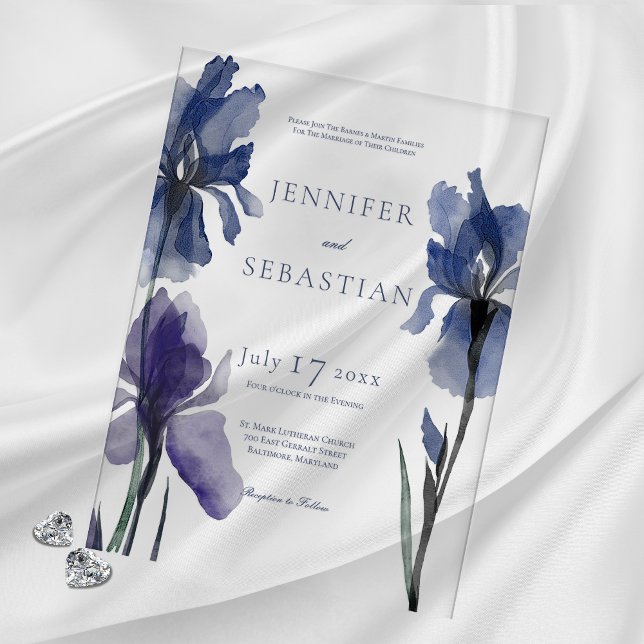 Invitations En Acrylique Mariage Fleurs d'Iris Bleu Moderne (Créateur téléchargé)
