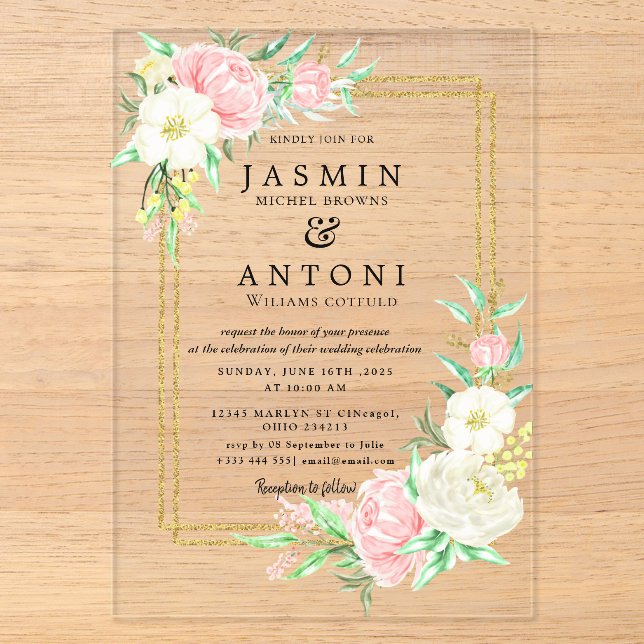 Invitations En Acrylique Mariage Fleurs Feuillage d'Automne (Recto)