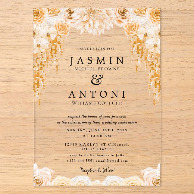 Invitations En Acrylique Mariage Fleurs Feuillage d'Automne (Recto)