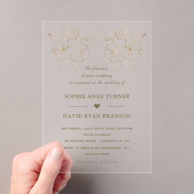 Invitations En Acrylique Mariage Fleurs Ligne Dorée Moderne Transparentes  (In situ (ordinateur de poche))
