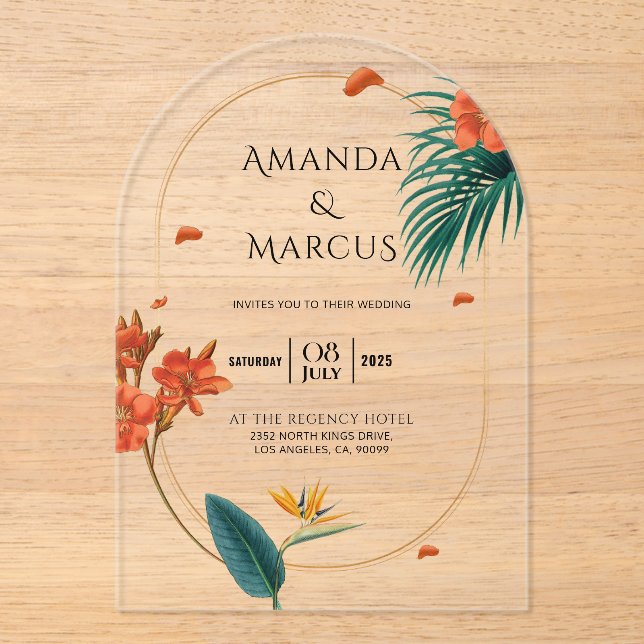 Invitations En Acrylique Mariage Fleurs Tropicales Élégantes  (Recto)