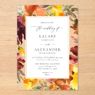 Invitations En Acrylique Mariage floral à automne orange et jaune -3