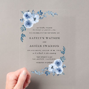 Invitations En Acrylique mariage floral aquarelle bleu poussiéreux charmant