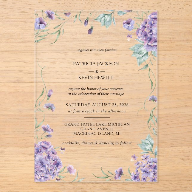 Invitations En Acrylique Mariage Floral Aquarelle Hydrangea Violette Élégan (Recto)