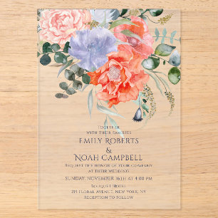 Invitations En Acrylique Mariage Floral Aquarelle Rose et Bleu