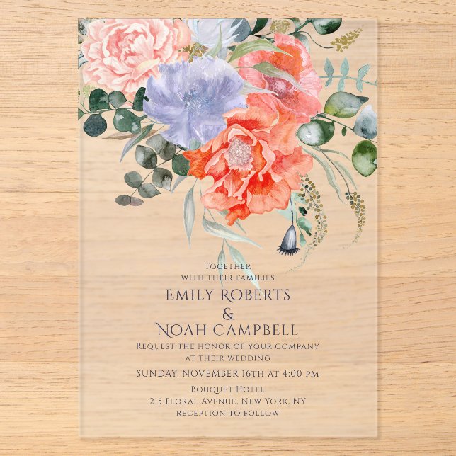 Invitations En Acrylique Mariage Floral Aquarelle Rose et Bleu (Recto)