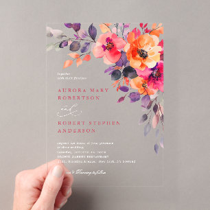 Invitations En Acrylique Mariage Floral Aquarelle Rose Orange Gras