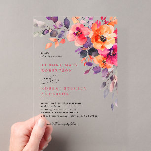 Invitations En Acrylique Mariage Floral Aquarelle Rose Orange Gras