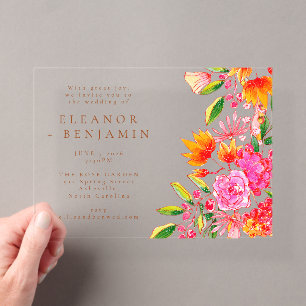 Invitations En Acrylique Mariage Floral Aquarelle Rose Orange Moderne