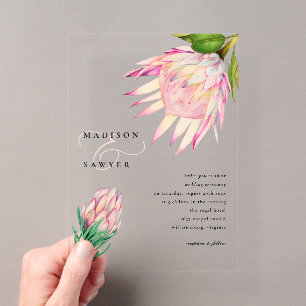 Invitations En Acrylique Mariage floral aquarelle rose Protéa roi
