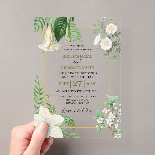 Invitations En Acrylique Mariage Floral Aquarelle Vert Blanc Rustique Or