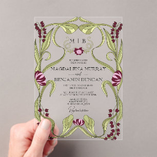 Invitations En Acrylique Mariage Floral Art Nouveau Rose Bourgogne