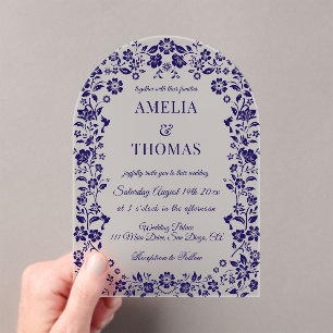 Invitations En Acrylique Mariage Floral Art Populaire Bleu