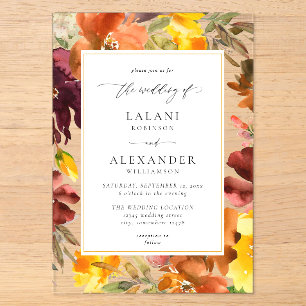 Invitations En Acrylique Mariage Floral Automnal Orange et Jaune -3