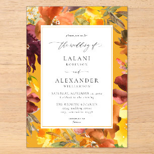 Invitations En Acrylique Mariage Floral Automnal Orange et Jaune -3 Or