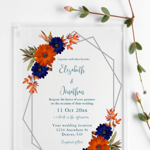 Invitations En Acrylique Mariage Floral Automnal Rustique Orange Bleu Nuit