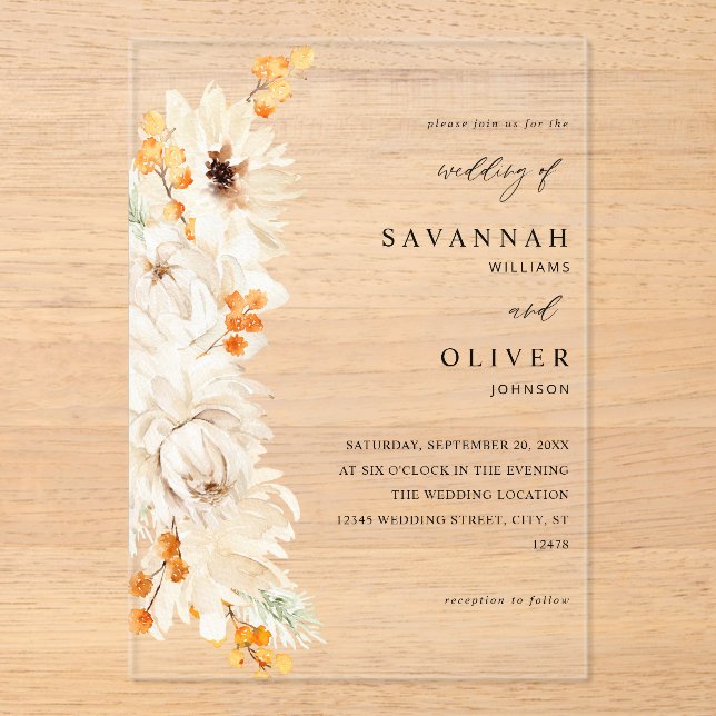 Invitations En Acrylique Mariage floral beige et orange (Recto)
