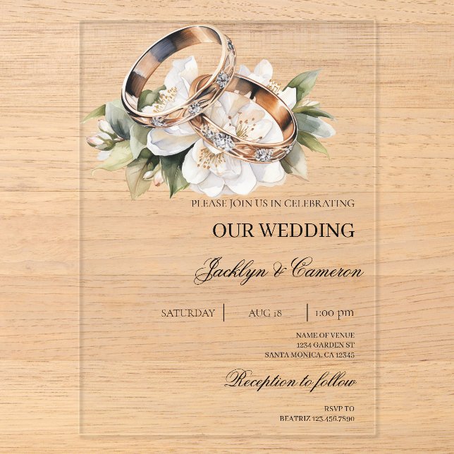 Invitations En Acrylique Mariage Floral Blanc avec bague (Recto)